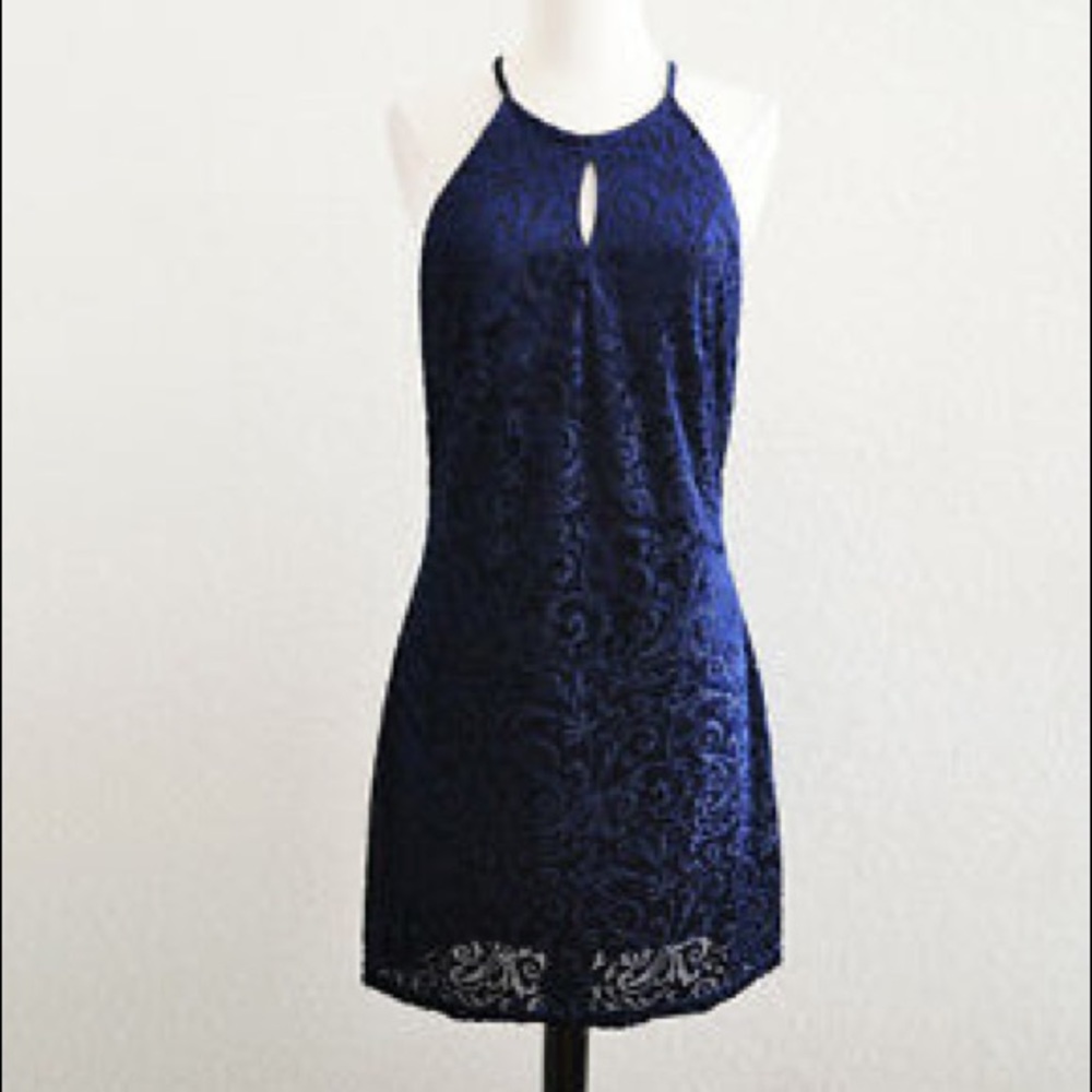 Blue Halter Crushed Velvet Burnout Floral Dress